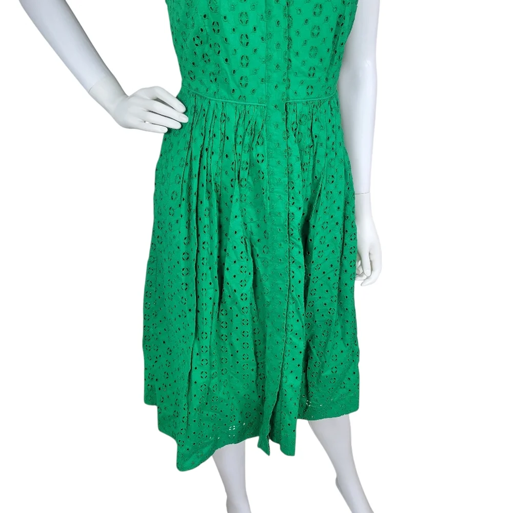J Crew Eyelet Dress Womens 00 Kelly Green Sleeveless Button Front Clover‎ Preppy